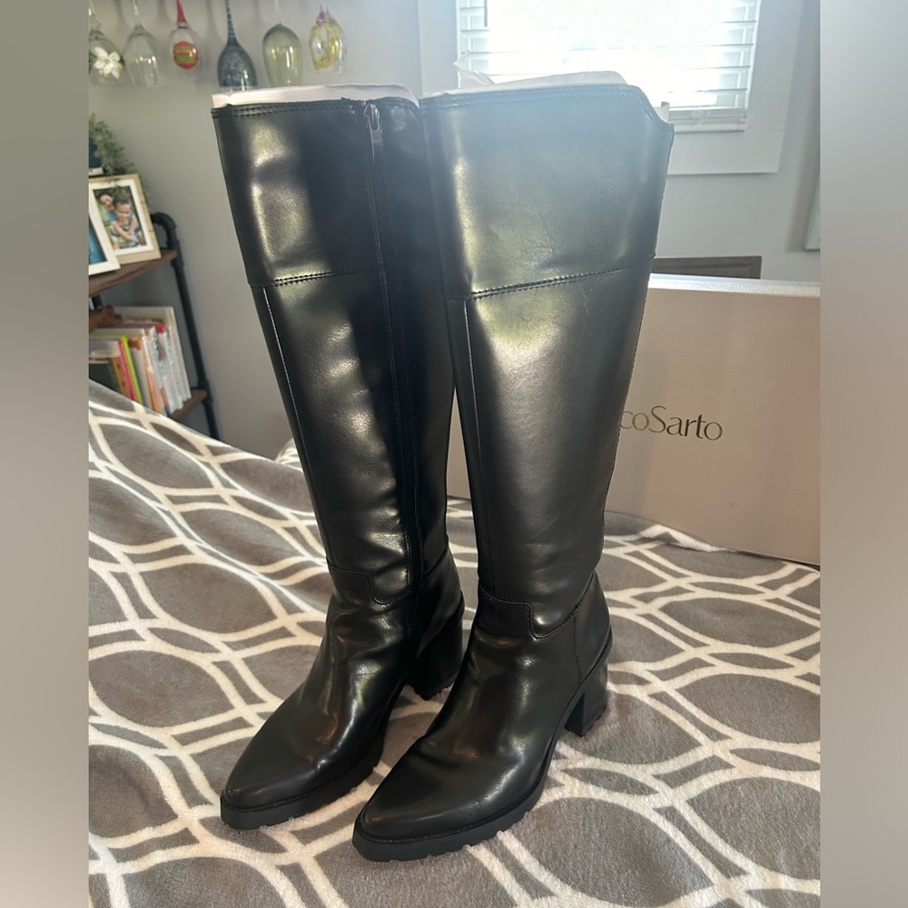 Franco Sarto Tamika Black Knee High Boots, 16” Shaft, 3” Heel